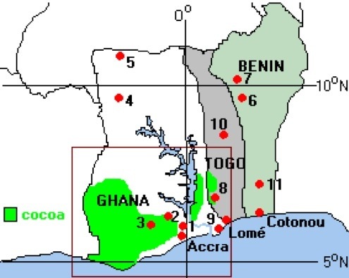 {Map of Ghana, Togo & Benin}