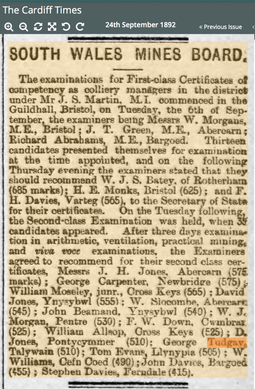 George tudgay exam 1892