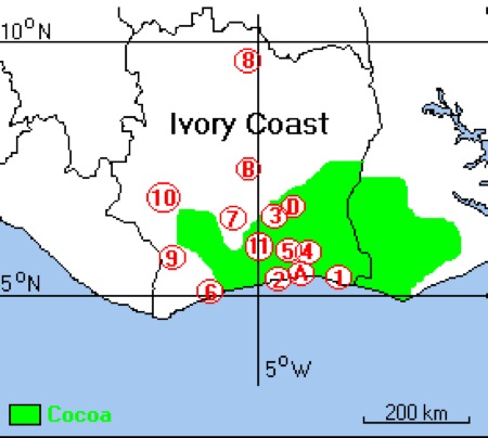 {Map of Ivory Coast ant collections}